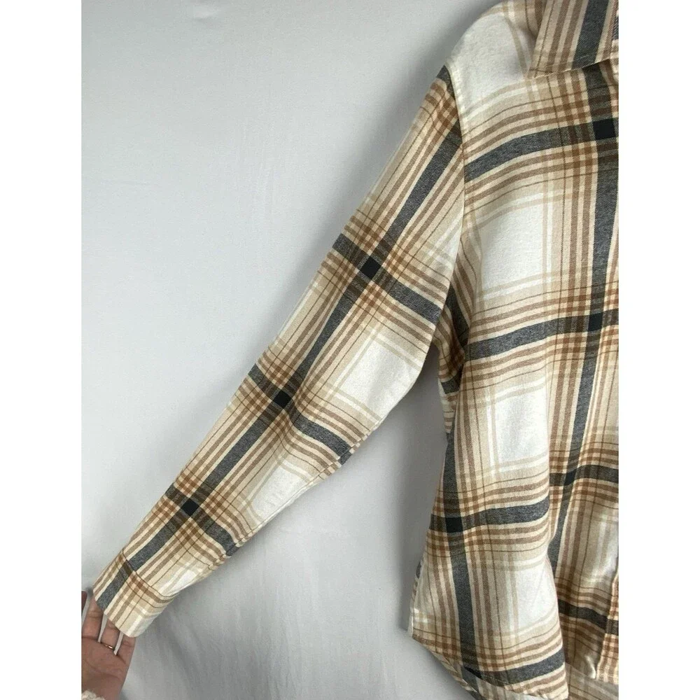 Old Navy Shirt Women LT Cream‎ Plaid Flannel Button Up Classic Fit 100% Cotton